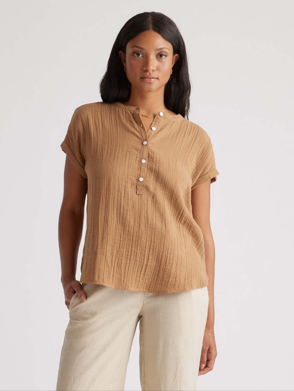Quince Cotton Gauze Roll Sleeve Shirt, Toasted Coconut, Large